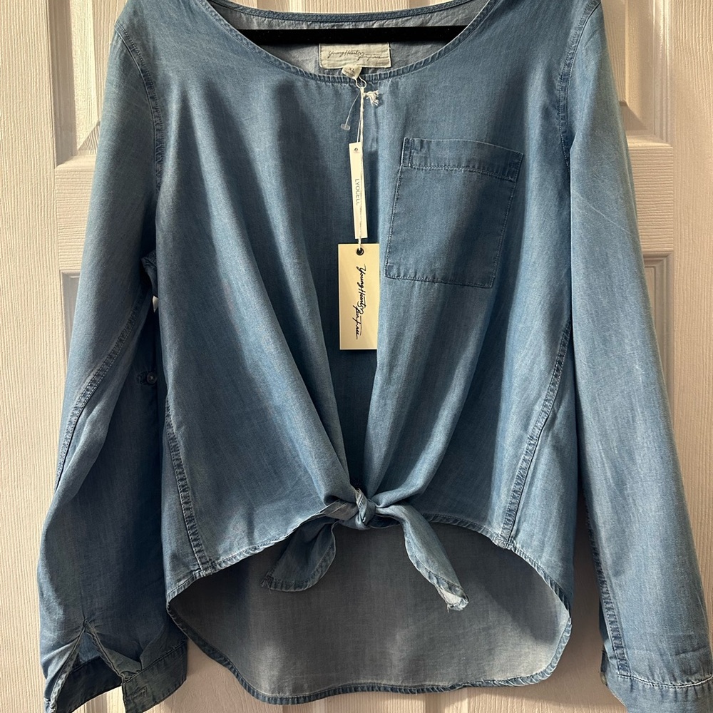 Casual Denim Blue Tie-Front Blouse